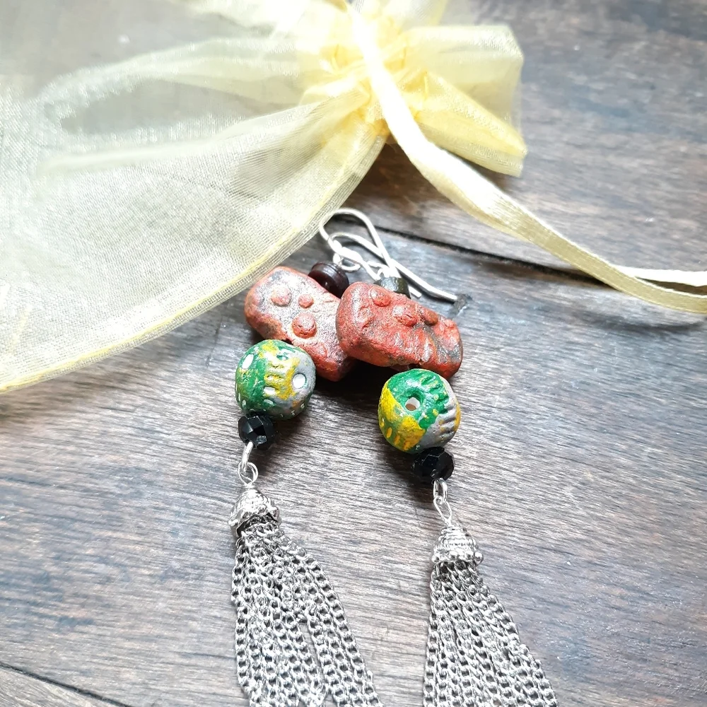 Blue Honey Jewelry Pottery Tassel Earrings NWT - Picture 6 of 6